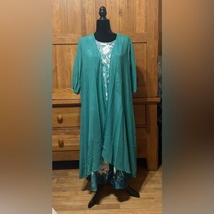 Teal Open Front Cardigan with Patterned Inner Top